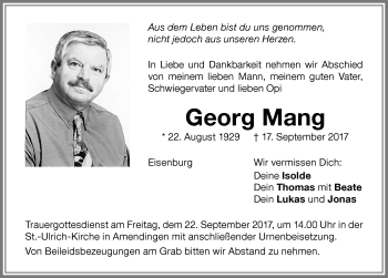 Traueranzeige von Georg Mang von Memminger Zeitung