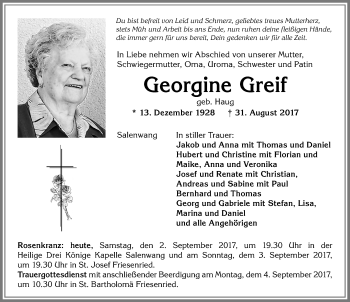 Traueranzeige von Georgine Greif von Allgäuer Zeitung
