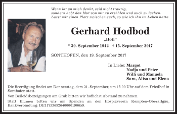 Traueranzeige von Gerhard Hodbod von Allgäuer Anzeigeblatt