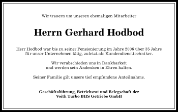 Traueranzeige von Gerhard Hodbod von Allgäuer Anzeigeblatt