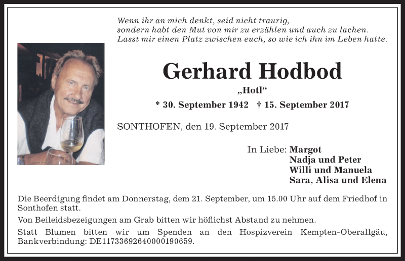  Traueranzeige für Gerhard Hodbod vom 19.09.2017 aus Allgäuer Anzeigeblatt