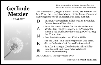 Traueranzeige von Gerlinde Metzler von Allgäuer Anzeigeblatt