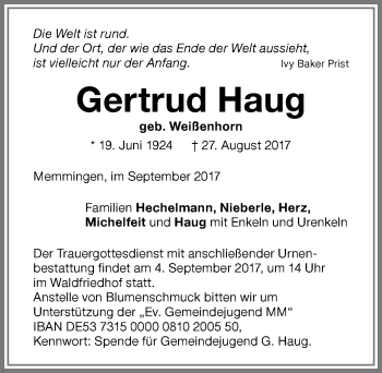 Traueranzeige von Gertrud Haug von Memminger Zeitung