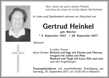 Traueranzeige von Gertrud Heinkel von Allgäuer Zeitung, Kaufbeuren/Buchloe