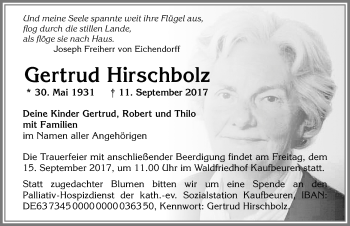Traueranzeige von Gertrud Hirschbolz von Allgäuer Zeitung, Kaufbeuren/Buchloe