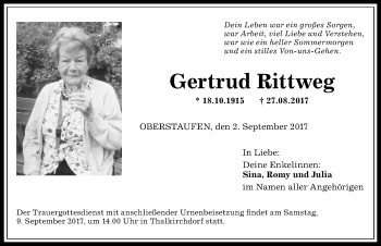 Traueranzeige von Gertrud Rittweg von Allgäuer Anzeigeblatt