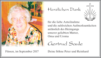 Traueranzeige von Gertrud Saule von Allgäuer Zeitung, Füssen