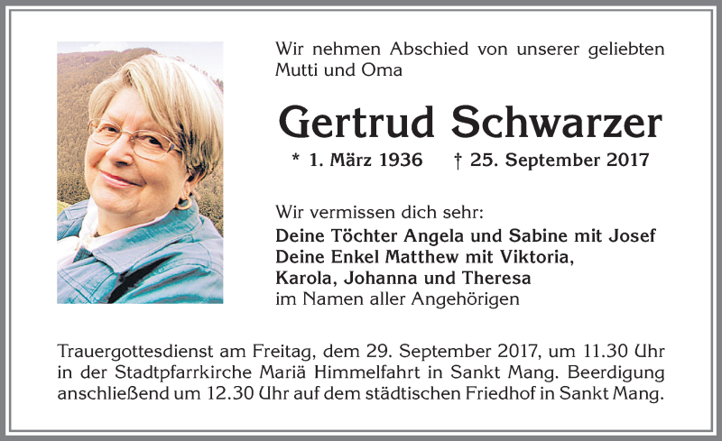  Traueranzeige für Gertrud Schwarzer vom 28.09.2017 aus Allgäuer Zeitung,Kempten