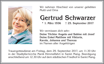 Traueranzeige von Gertrud Schwarzer von Allgäuer Zeitung,Kempten