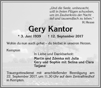 Traueranzeige von Gery Kantor von Allgäuer Zeitung,Kempten