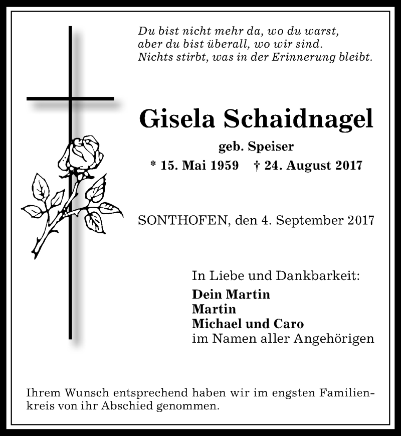  Traueranzeige für Gisela Schaidnagel vom 04.09.2017 aus Allgäuer Anzeigeblatt
