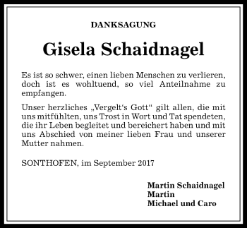 Traueranzeige von Gisela Schaidnagel von Allgäuer Anzeigeblatt