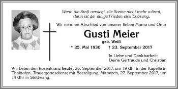 Traueranzeige von Gusti Meier von Allgäuer Zeitung, Kaufbeuren/Buchloe