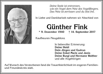 Traueranzeige von Günther Fink von Allgäuer Zeitung, Kaufbeuren/Buchloe