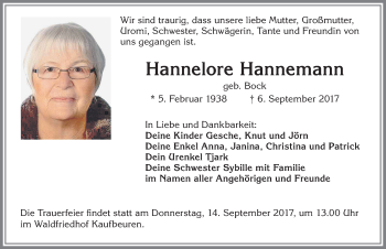 Traueranzeige von Hannelore Hannemann von Allgäuer Zeitung, Kaufbeuren/Buchloe