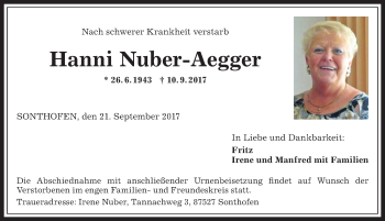 Traueranzeige von Hanni Nuber-Aegger von Allgäuer Anzeigeblatt