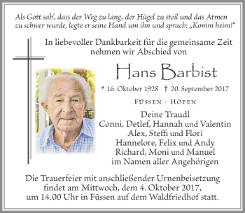 Traueranzeige von Hans Barbist von Allgäuer Zeitung, Füssen
