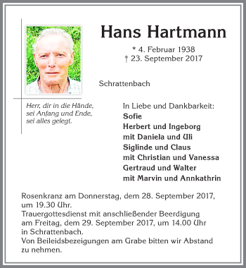 Traueranzeige von Hans Hartmann von Allgäuer Zeitung,Kempten