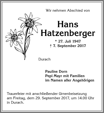 Traueranzeige von Hans Hatzenberger von Allgäuer Zeitung,Kempten