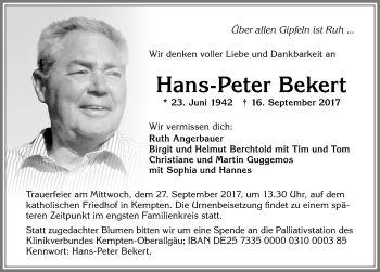 Traueranzeige von Hans-Peter Bekert von Allgäuer Zeitung,Kempten