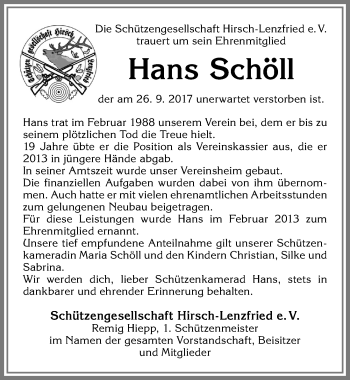 Traueranzeige von Hans Schöll von Allgäuer Zeitung,Kempten