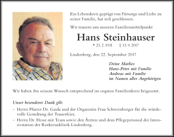 Traueranzeige von Hans Steinhauser von Der Westallgäuer