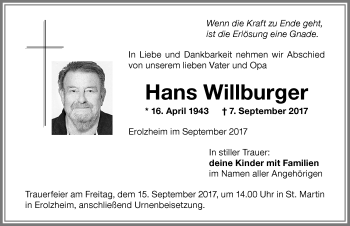 Traueranzeige von Hans Willburger von Memminger Zeitung