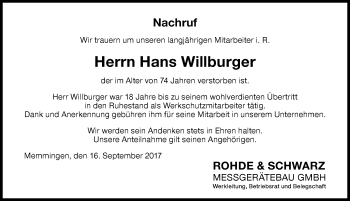 Traueranzeige von Hans Willburger von Memminger Zeitung