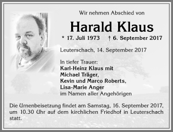 Traueranzeige von Harald Klaus von Allgäuer Zeitung, Marktoberdorf