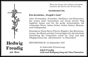 Traueranzeige von Hedwig Freudig von Allgäuer Anzeigeblatt