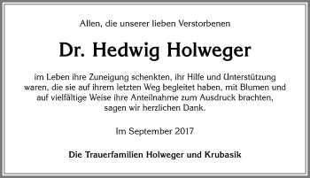 Traueranzeige von Hedwig Holweger von Allgäuer Zeitung,Kempten