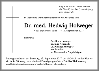 Traueranzeige von Hedwig Holweger von Allgäuer Zeitung,Kempten