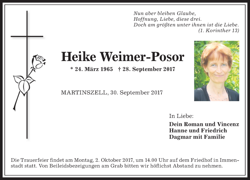  Traueranzeige für Heike Weimer-Posor vom 30.09.2017 aus Allgäuer Anzeigeblatt
