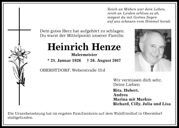 Traueranzeige von Heinrich Henze von Allgäuer Anzeigeblatt