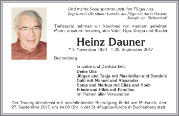 Traueranzeige von Heinz Dauner von Allgäuer Zeitung,Kempten