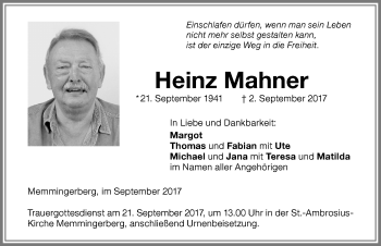 Traueranzeige von Heinz Mahner von Memminger Zeitung