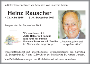 Traueranzeige von Heinz Rauscher von Allgäuer Zeitung, Kaufbeuren/Buchloe