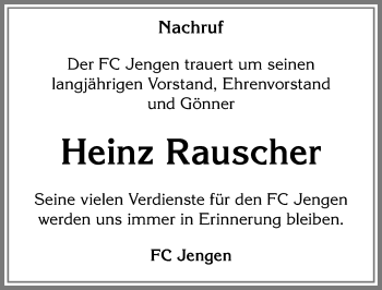 Traueranzeige von Heinz Rauscher von Allgäuer Zeitung, Kaufbeuren/Buchloe