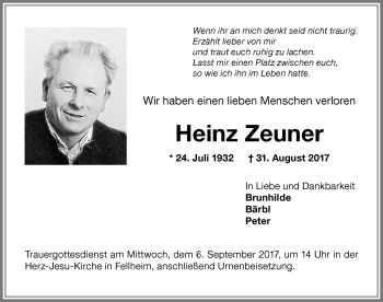 Traueranzeige von Heinz Zeuner von Memminger Zeitung
