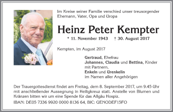 Traueranzeige von Heinz Peter Kempter von Allgäuer Zeitung,Kempten