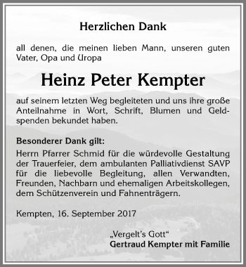 Traueranzeige von Heinz Peter Kempter von Allgäuer Zeitung,Kempten