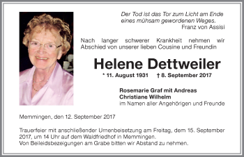 Traueranzeige von Helene Dettweiler von Memminger Zeitung