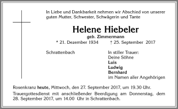 Traueranzeige von Helene Hiebeler von Allgäuer Zeitung,Kempten