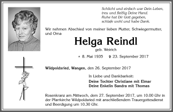 Traueranzeige von Helga Reindl von Allgäuer Zeitung, Marktoberdorf