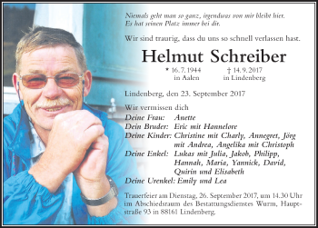 Traueranzeige von Helmut Schreiber von Der Westallgäuer