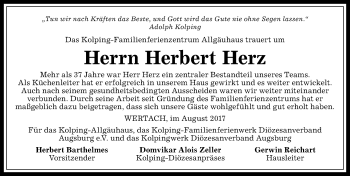 Traueranzeige von Herbert Herz von Allgäuer Anzeigeblatt