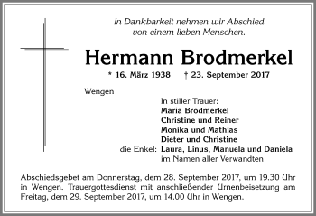 Traueranzeige von Hermann Brodmerkel von Allgäuer Zeitung,Kempten