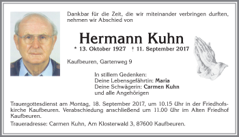 Traueranzeige von Hermann Kuhn von Allgäuer Zeitung, Kaufbeuren/Buchloe
