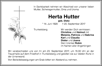Traueranzeige von Herta Hutter von Memminger Zeitung