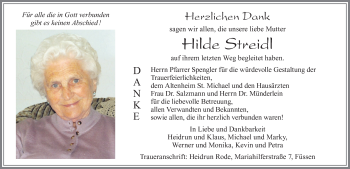 Traueranzeige von Hilde Streidl von Allgäuer Zeitung, Füssen